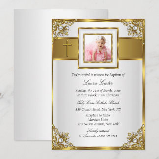 Gold Damask & Cross Photo Baptism/Christening Invitation
