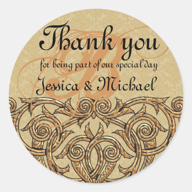 Gold Damask Custom Monogram Wedding Favor Seal (Front)
