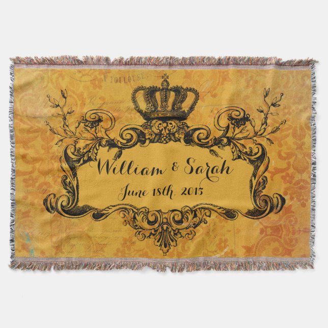 Gold Damask Custom Wedding Royal Crown Throw Throw Blanket (Front)