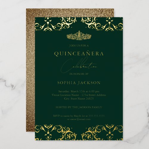 Gold Damask Emerald Quinceanera 15th Birthday  Foil Invitation