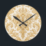 Gold Damask Floral Round Clock<br><div class="desc">This exquisite round clock features a captivating gold floral damask pattern,  perfect for adding a touch of elegance to any room. Its timeless design and intricate details make it a stunning statement piece,  ideal for those who appreciate classic and sophisticated home décor.</div>