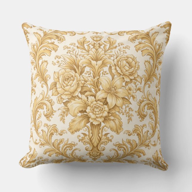 Gold Damask Floral Throw Pillow (Front)