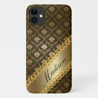 Gold Damask Girly Shiny Elegant Personalize Name iPhone 11 Case