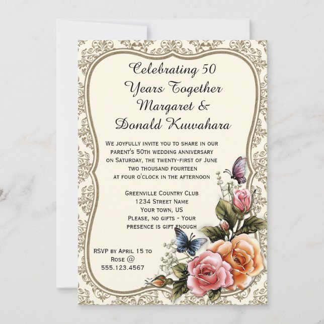 Gold Damask Gold Frame Roses 50th Anniversary Invitation (Front)