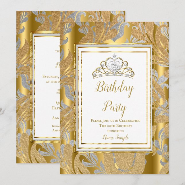 Gold Damask Gray Tiara Birthday Party Invitation (Front/Back)