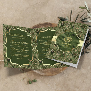 Gold Damask Hunter Green Islamic Muslim Wedding Invitation