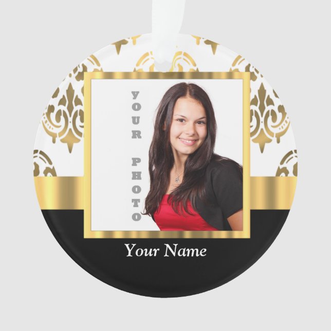 Gold damask instagram photo template ornament (Front)