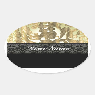 Gold damask & lace oval sticker