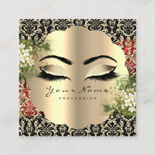 Gold Damask Makeup Artist Lash Floral Roses Black Square Business Card