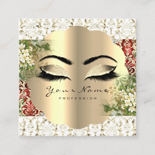 Gold Damask Makeup Artist Lash Floral Roses White Square Business Card