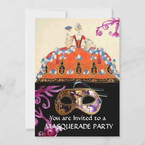 GOLD DAMASK MASK AND ORANGE LADY MASQUERADE PARTY INVITATION