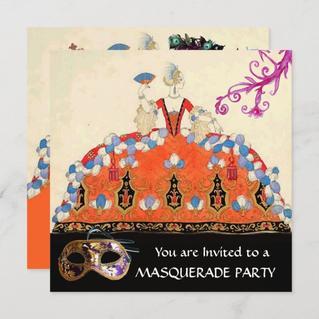 GOLD DAMASK MASKS,ORANGE LADY MASQUERADE PARTY INVITATION (Front/Back)