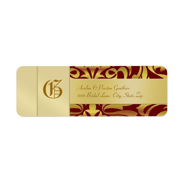 Gold Damask Monogram Red Wedding Address Label (Front)