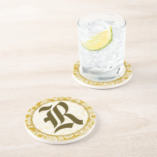Gold Damask Monogram Wedding Anniversary Coasters