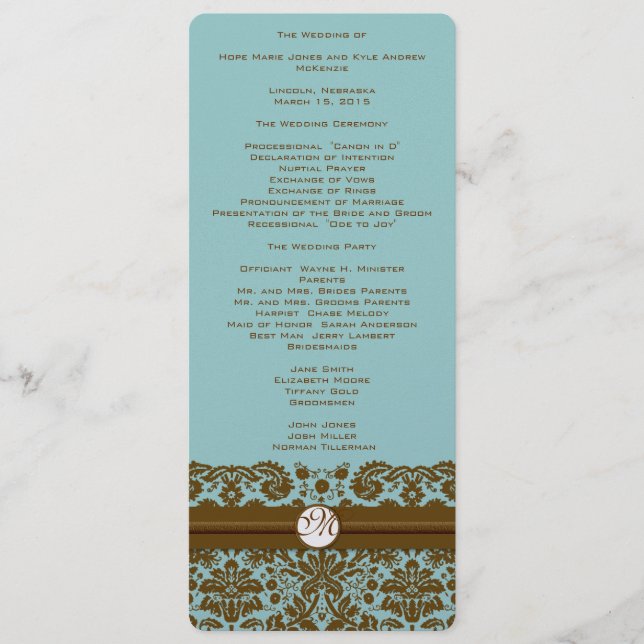 Gold Damask Monogram Wedding Program (Front)