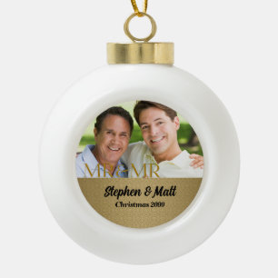 Gold Damask Mr & Mr Gay Christmas Photo Ceramic Ball Christmas Ornament