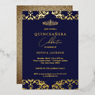 Gold Damask Navy Quinceanera 15th Birthday Foil Invitation
