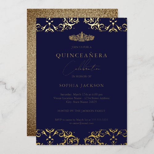 Gold Damask Navy Quinceanera 15th Birthday Foil Invitation