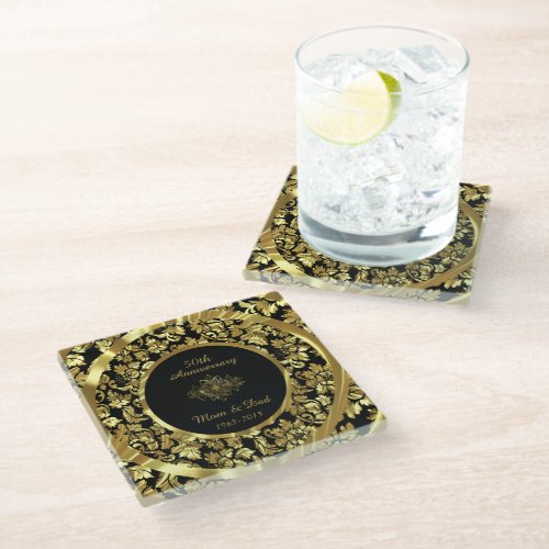 Gold Damask On Black Background 50th Anniversary Glass Coaster