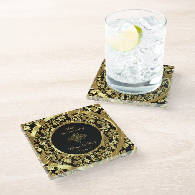 Gold Damask On Black Background 50th Anniversary Glass Coaster (Angled)