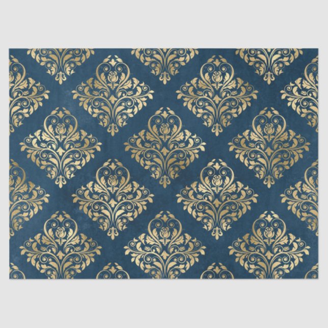 Gold Damask on Blue Decoupage Tissue Paper (Front)