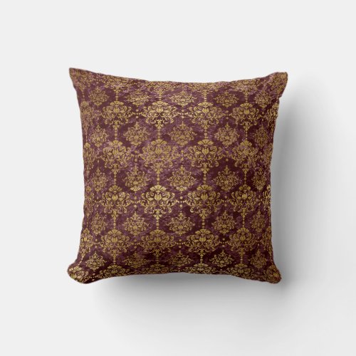 Gold Damask on Burgundy Background Throw Pillow