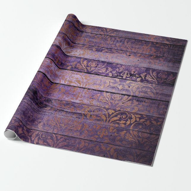 Gold Damask on Purple Wood Wrapping Paper (Unrolled)