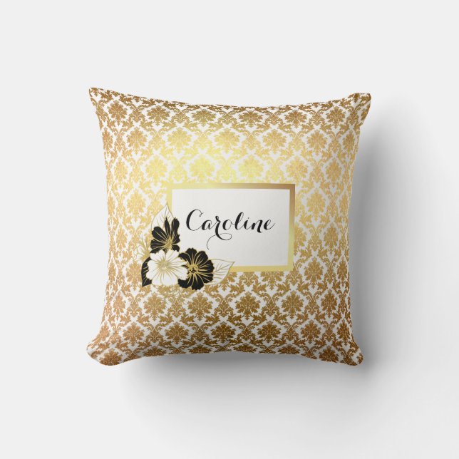 Gold Damask on White Throw Pillow (Front)