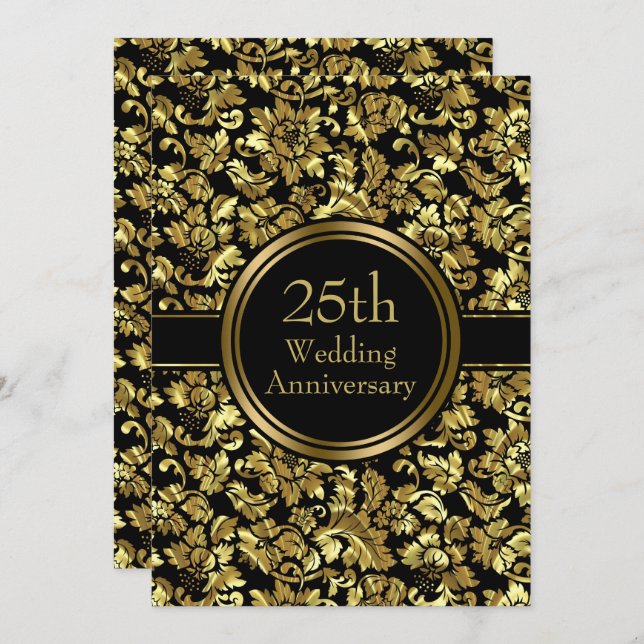 Gold Damask Over Black Background Invitation (Front/Back)