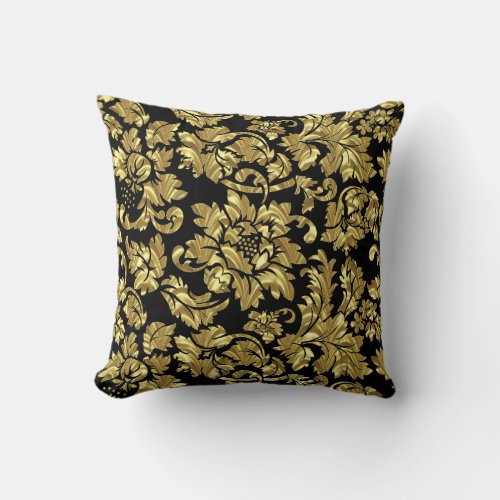 Gold Damask Over Black Background Throw Pillow