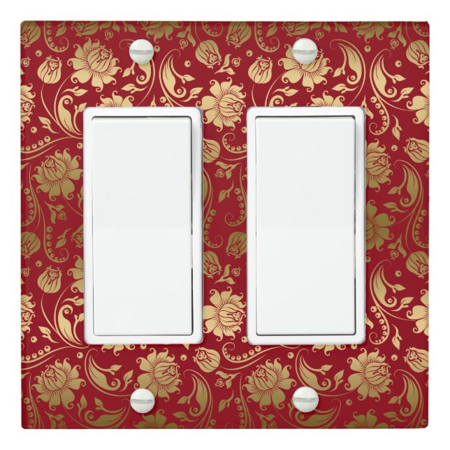 Gold Damask Over Deep Red Background Light Switch Cover (In Situ)