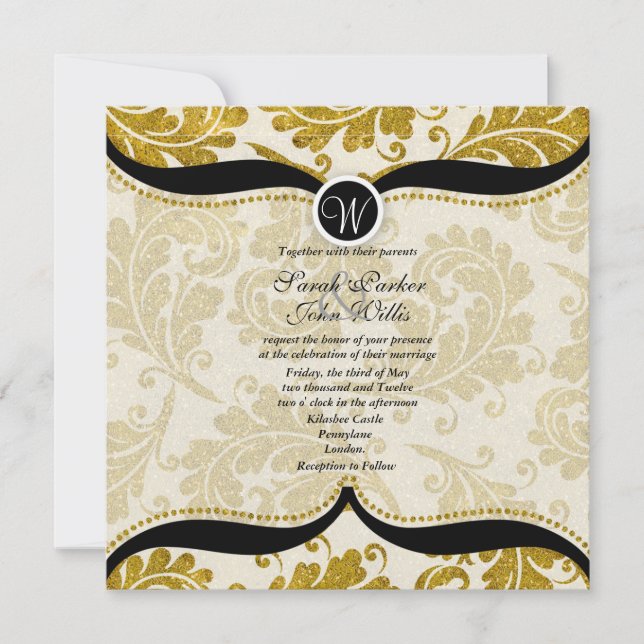 Gold Damask Paisley Wedding Invite (Front)