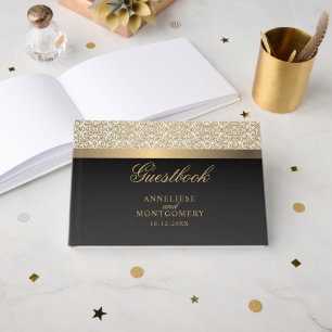 Gold Damask Pattern and Black Guest Book