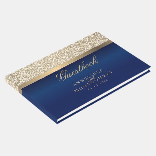 Gold Damask Pattern and Navy Blue Guest Book