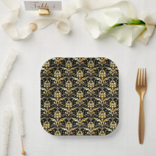 Gold Damask Pattern on Black Background Paper Plates