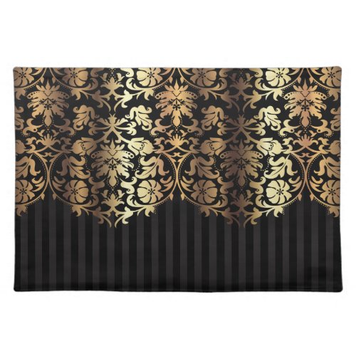 Gold Damask Pattern on Black Stripes Cloth Placemat