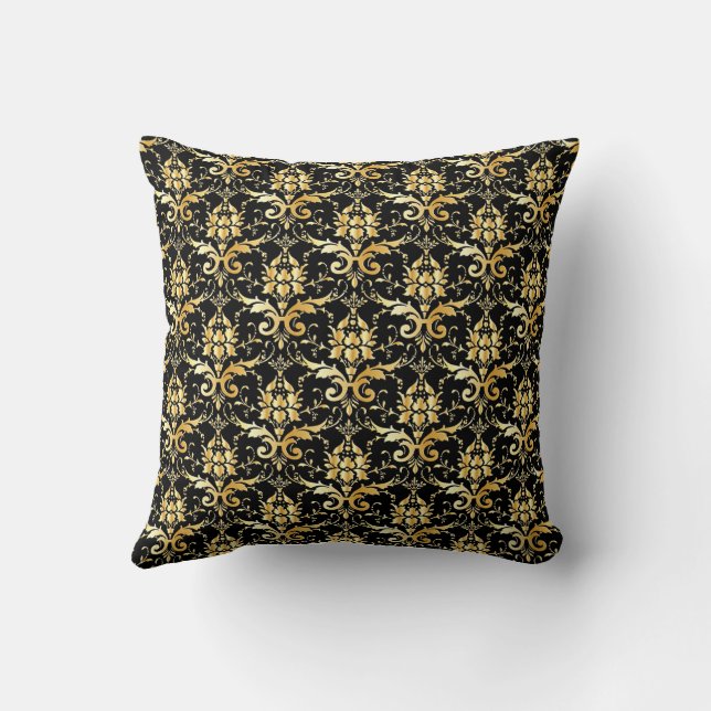 Gold Damask Pattern on Black Throw Pillow (Back)