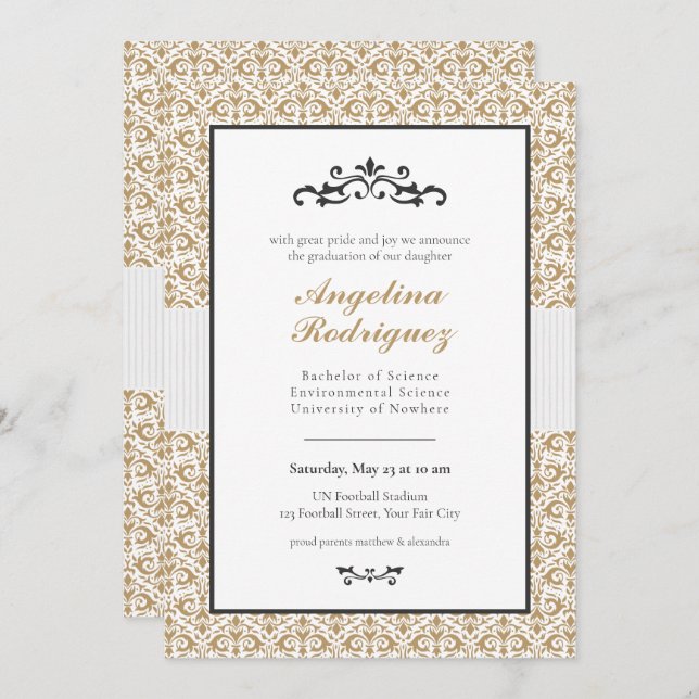 Gold Damask Pattern Photo Graduation Invitation (Front/Back)