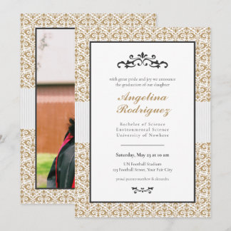 Gold Damask Pattern Photo Graduation Invitation