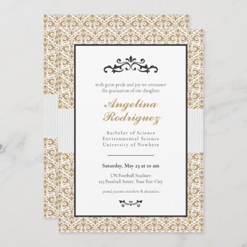 Gold Damask Pattern Photo Graduation Invitation