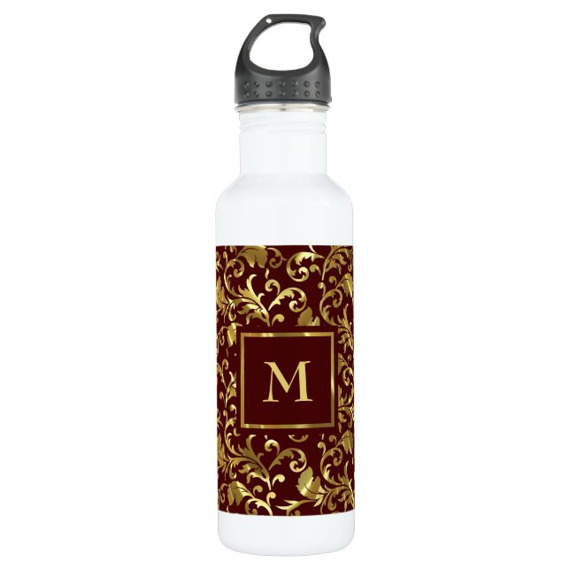 Gold Damask Pattern Stainless Steel Water Bottle (Front)