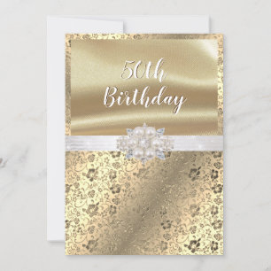 Gold Damask Pearls Diamonds White Satin 50th Invitation