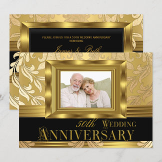 Gold Damask Photo 50th Wedding Anniversary Invitation