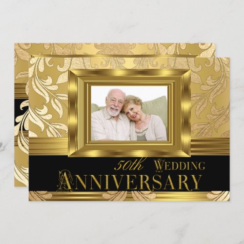 Gold Damask Photo 50th Wedding Anniversary Invitation