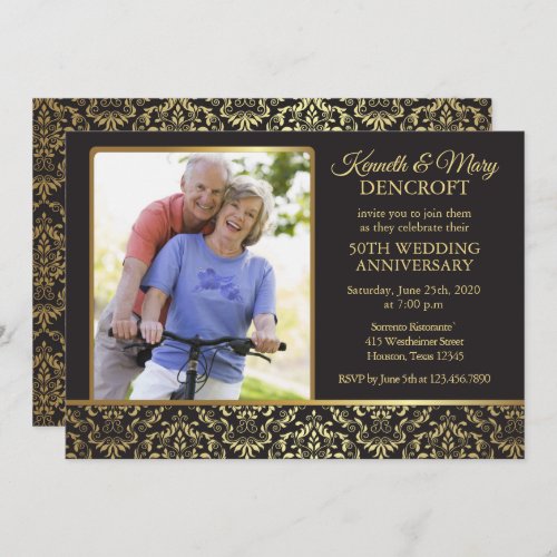 Gold Damask Photo 50th Wedding Anniversary Invite