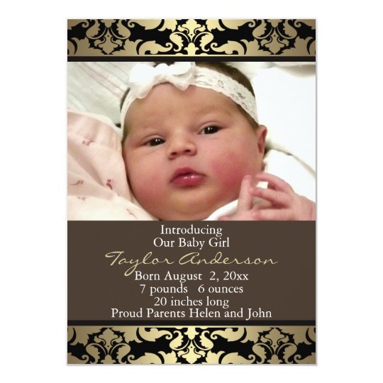 Gold Damask Photo Birth Announcement