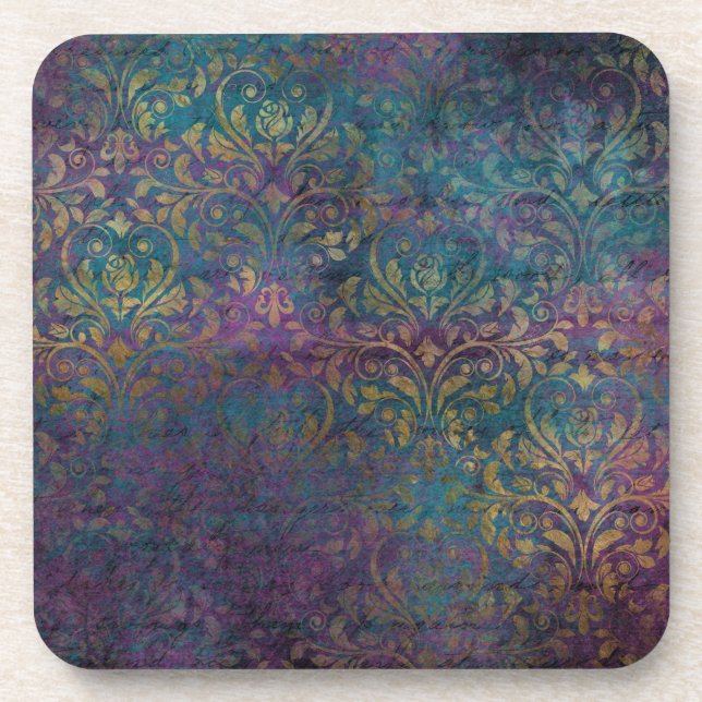 Gold Damask Purple Pink Teal Beverage Coaster (Front)