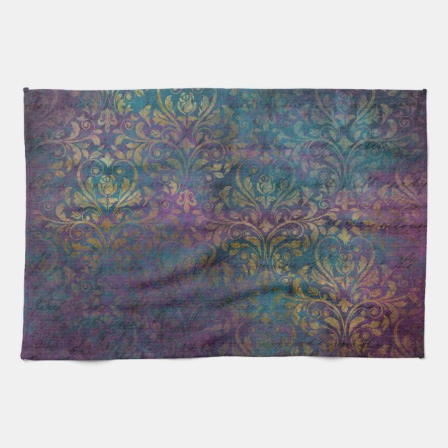 Gold Damask Purple Pink Teal Kitchen Towel (Horizontal)