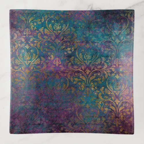 Gold Damask Purple Pink Teal Trinket Tray