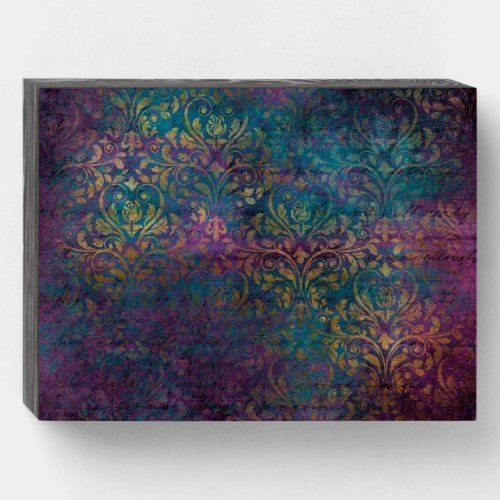 Gold Damask Purple Pink Teal Wooden Box Sign